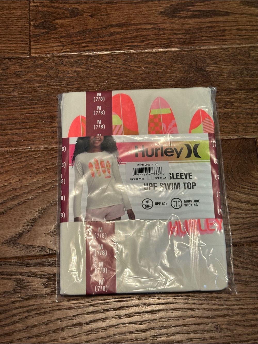 Hurley White Long Sleeve Girls Swim Top with Pink Coral Surfboard Graphic